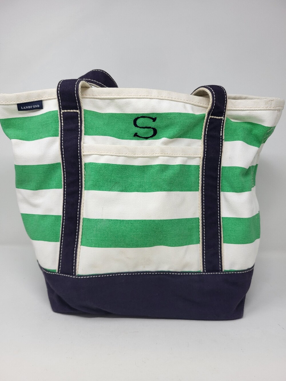 Lands' End Green and Navy Blue Striped Canvas Tote Bag Medium